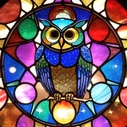 AI image generated from prompt: "a stained glass window of a cosmic owl with stars and moons, jewel tones, bold lead outlines" — Stained Glass, ChilloutMix model