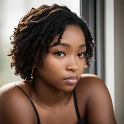 AI image generated from prompt: "a photoreal lifestyle portrait of a young Black woman by a sunlit window, soft natural skin tones, subtle makeup, 50mm lens, shallow dept…" — ChilloutMix model