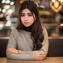 AI image generated from prompt: "a photoreal portrait of a Middle Eastern woman in a cozy café, warm ambient lighting, background bokeh, natural candid composition, 35mm…" — ChilloutMix model