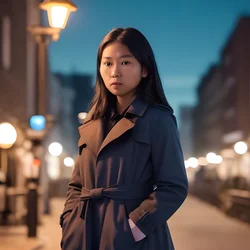 AI image generated from prompt: "a photoreal portrait of an Indigenous woman in a trench coat at blue hour, street lamps bokeh, natural skin tones, subtle film grain" — ChilloutMix model
