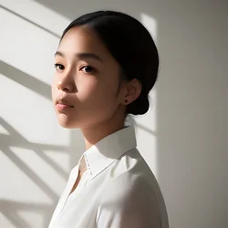 AI image generated from prompt: "a photoreal portrait of a mixed-race woman in a white shirt, soft window shadows, gentle contrast, clean composition, 85mm lens" — ChilloutMix model