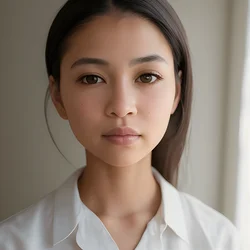 AI image generated from prompt: "a photoreal portrait of a mixed-race woman in a white shirt, soft window shadows, gentle contrast, clean composition, 85mm lens" — ChilloutMix model