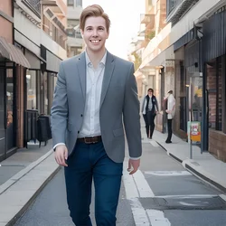 AI image generated from prompt: "a photoreal candid portrait of a young adult White man walking through a city street in spring, cheerful grin, light breeze in hair, natu…" — ChilloutMix model
