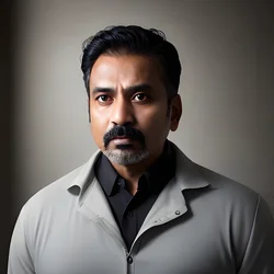 AI image generated from prompt: "a photoreal editorial portrait of a middle-aged South Asian man in a minimalist studio, confident serious expression, clean background, h…" — ChilloutMix model