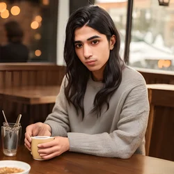 AI image generated from prompt: "a photoreal portrait of a Middle Eastern non-binary adult in a cozy café, calm contemplative expression, warm ambient lighting, backgroun…" — ChilloutMix model
