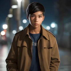 AI image generated from prompt: "a photoreal portrait of an Indigenous teenage boy in a trench coat at blue hour, curious expression, street lamps bokeh, natural skin ton…" — ChilloutMix model