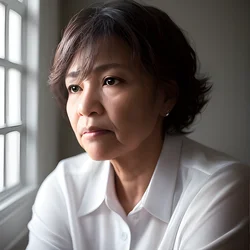 AI image generated from prompt: "a photoreal portrait of a mixed-race middle-aged woman in a white shirt, focused thoughtful expression, soft window shadows, gentle contr…" — ChilloutMix model
