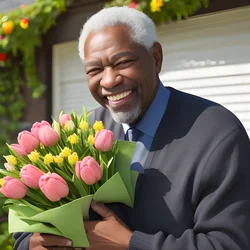 AI image generated from prompt: "a photoreal portrait of a Black elderly man holding a bouquet of tulips, joyful laugh lines, realistic petals, pastel color palette, soft…" — ChilloutMix model