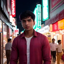 AI image generated from prompt: "a photoreal portrait of a South Asian young man in a shopping street at dusk, surprised delighted expression, neon signage glow, balanced…" — ChilloutMix model