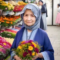 AI image generated from prompt: "a photoreal portrait of a Middle Eastern elderly woman in a flower market, gentle amused smile, colorful bouquets behind, natural light,…" — ChilloutMix model