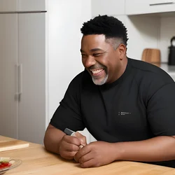 AI image generated from prompt: "a photoreal portrait of a Black middle-aged man in a modern apartment kitchen, candid laugh, morning light, clean surfaces, natural candi…" — ChilloutMix model