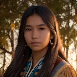 AI image generated from prompt: "a photoreal portrait of an Indigenous young woman with soft backlight and rim glow, serene expression, visible hair strands, warm golden…" — ChilloutMix model
