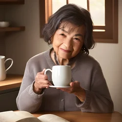 AI image generated from prompt: "a photoreal portrait of a mixed-race elderly woman holding a ceramic mug, cozy content expression, steam rising, warm indoor lighting, co…" — ChilloutMix model