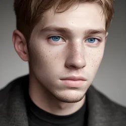 AI image generated from prompt: "a photoreal portrait of a freckled White young man, pensive expression, realistic pores and skin variation, soft diffuse light, natural look" — ChilloutMix model