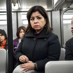 AI image generated from prompt: "a photoreal portrait of a Latina middle-aged woman in a subway car, determined serious expression, mixed lighting, candid documentary fee…" — ChilloutMix model
