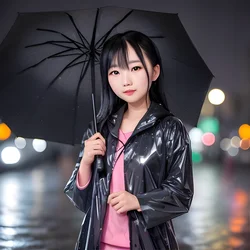 AI image generated from prompt: "a photoreal portrait of an East Asian young woman in a raincoat under an umbrella, soft hopeful smile, raindrops visible, wet pavement re…" — ChilloutMix model