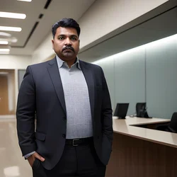 AI image generated from prompt: "a photoreal portrait of a South Asian middle-aged man in an office lobby, calm professional expression, modern architecture background, n…" — ChilloutMix model