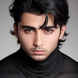AI image generated from prompt: "a photoreal portrait of a Middle Eastern young man in a black turtleneck, intense gaze, low-key studio lighting, gentle shadow rolloff, s…" — ChilloutMix model