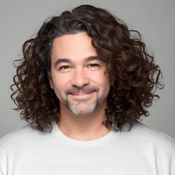 AI image generated from prompt: "a photoreal portrait of a White middle-aged man with curly hair, warm approachable smile, soft backlight, realistic curls and flyaways, w…" — ChilloutMix model