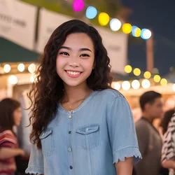 AI image generated from prompt: "a photoreal portrait of a mixed-race young woman at an outdoor night market, excited wide smile, mixed lighting, colorful signs, natural…" — ChilloutMix model