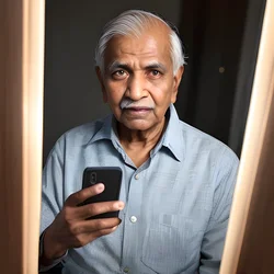 AI image generated from prompt: "a photoreal portrait of a South Asian elderly man holding a phone, amused expression, realistic hand anatomy, screen reflections, indoor…" — ChilloutMix model