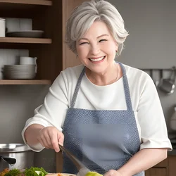 AI image generated from prompt: "a photoreal portrait of a White middle-aged woman cooking at home, joyful laugh, warm tungsten light, steam, realistic food textures" — ChilloutMix model