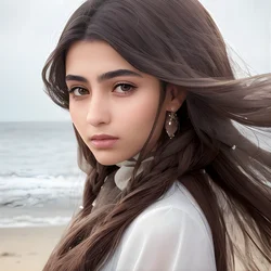 AI image generated from prompt: "a photoreal portrait of a Middle Eastern young woman at the seaside on an overcast day, calm reflective expression, soft light, natural c…" — ChilloutMix model