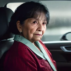 AI image generated from prompt: "a photoreal portrait of a Latina elderly woman in a car at night, thoughtful expression, dashboard glow lighting the face, raindrops on t…" — ChilloutMix model