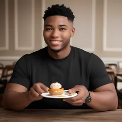 AI image generated from prompt: "a photoreal portrait of a Black young adult man holding a small dessert plate, delighted expression, café lighting, shallow depth of fiel…" — ChilloutMix model