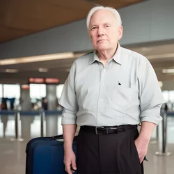 AI image generated from prompt: "a photoreal portrait of a White elderly man at an airport gate, wistful expression, candid travel photo, natural color, slight film grain" — ChilloutMix model