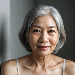 AI image generated from prompt: "a photoreal headshot of an elderly East Asian woman with deep smile lines and silver hair, gentle expression, softbox lighting, neutral b…" — epiCRealism model