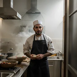 AI image generated from prompt: "a photoreal portrait of a Middle Eastern chef in a busy kitchen, warm practical lights, shallow depth of field, steam in the background,…" — epiCRealism model