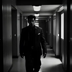 AI image generated from prompt: "a high-contrast cinematic still of a South Asian detective in a dim hallway, rim light, realistic film grain, deep shadows, 35mm lens" — epiCRealism model