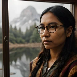 AI image generated from prompt: "a photoreal portrait of an Indigenous person wearing thin wire-frame glasses, realistic reflections without distortion, sharp eyelashes,…" — epiCRealism model