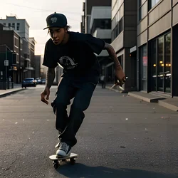 AI image generated from prompt: "a gritty photoreal street photo of a Black skateboarder mid-trick, realistic motion blur, late afternoon sun, 1/1000 shutter feel" — epiCRealism model