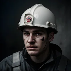 AI image generated from prompt: "a photoreal portrait of a White firefighter with soot on the face, helmet details, dramatic side light, intense expression, sharp micro-c…" — epiCRealism model