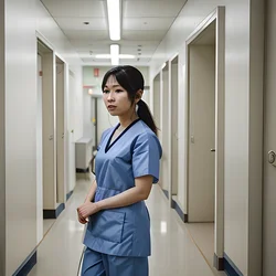 AI image generated from prompt: "a photoreal portrait of an East Asian nurse in a hospital corridor, fluorescent mixed lighting, realistic color, candid moment" — epiCRealism model