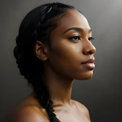 AI image generated from prompt: "a photoreal profile portrait of a Black woman with braided hair, soft backlight, realistic hair strands, calm neutral palette" — epiCRealism model