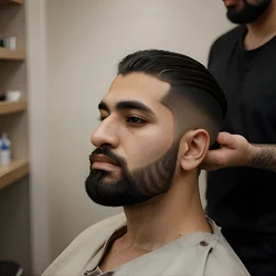 AI image generated from prompt: "a photoreal portrait of a Middle Eastern man in a barber chair, warm barbershop lighting, realistic hairline, detailed beard texture" — epiCRealism model