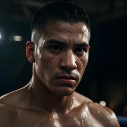 AI image generated from prompt: "a cinematic photoreal close-up of a Latino boxer with sweat droplets, harsh overhead light, realistic skin sheen, intense gaze" — epiCRealism model