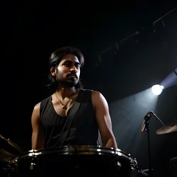 AI image generated from prompt: "a photoreal portrait of a South Asian musician on stage, single spotlight, realistic lens flare, dark background bokeh, 70-200mm feel" — epiCRealism model