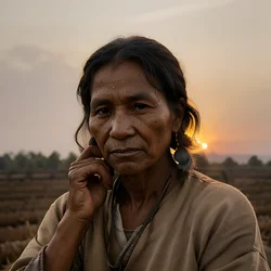 AI image generated from prompt: "a photoreal documentary photo of an Indigenous farmer at sunrise, golden backlight, dust in the air, weathered hands, realistic wrinkles" — epiCRealism model