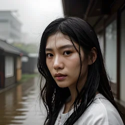 AI image generated from prompt: "a photoreal close-up portrait of an East Asian person with wet hair after rain, individual strands visible, natural skin texture, soft ov…" — epiCRealism model
