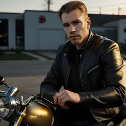 AI image generated from prompt: "a photoreal portrait of a White man leaning on a motorcycle, leather jacket texture, chrome reflections, golden hour lighting" — epiCRealism model