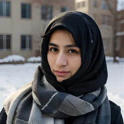 AI image generated from prompt: "a photoreal portrait of a Middle Eastern person in a winter scarf, visible breath in cold air, natural light, crisp detail" — epiCRealism model