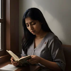 AI image generated from prompt: "a photoreal portrait of a South Asian woman reading by a window, soft shadows, book page texture, gentle background blur" — epiCRealism model