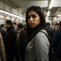 AI image generated from prompt: "a photoreal portrait of a Latino person in a crowded subway, mixed lighting, realistic noise, candid composition" — epiCRealism model