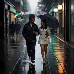 AI image generated from prompt: "a photoreal photo of a couple walking under umbrellas (one White, one East Asian), wet pavement reflections, bokeh streetlights, realisti…" — epiCRealism model