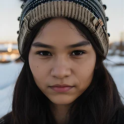AI image generated from prompt: "a photoreal portrait of an Indigenous person wearing a knit beanie, fabric weave detail, soft light, sharp eyes" — epiCRealism model