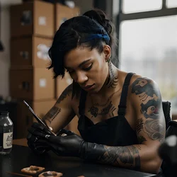 AI image generated from prompt: "a photoreal portrait of a Black tattoo artist at work, gloved hands, ink bottles on table, realistic focus falloff" — epiCRealism model